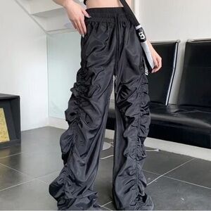 Black Ruched Wide-Leg Pants